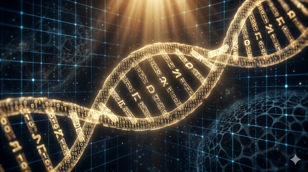 Biológiai DNS kettős hélix szerkezet éthoszi arany fénnyel világítva, ahol a fokokat digitális bináris kód és ősi piktogramok alkotják, intelligens tervezettség a sejtben, Jehova terve és Logosz